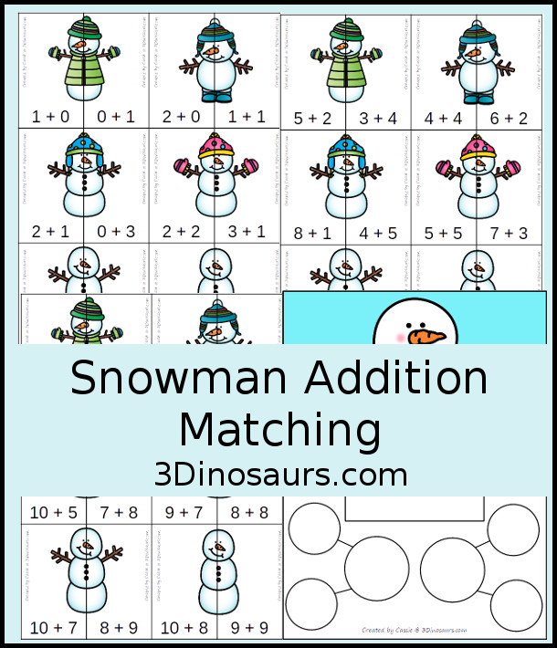 Free Snowman Addition Matching - a fun addition matching game adding numbers from 1 to 20  with two piece puzzles and matching number bond mat for kindergarten and first grade - 3Dinosaurs.com