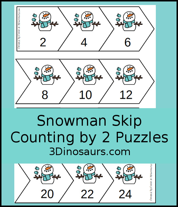 Free Snowman Skip Counting By 2 Puzzles - 12 piece puzzle to make line a numbers skip counting by 12 with a visual of counting by 2 - 3Dinosaurs.com