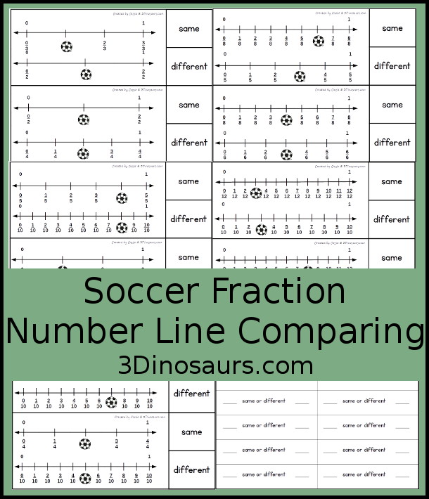 Free Soccer Fractions Number Line Comparing Printable - You have two number lines on each clip card with soccer covering a fraction. You clip is the fraction is the same or different. Plus there is a recording sheet - comes in soccer and football wording - 3Dinosaurs.com