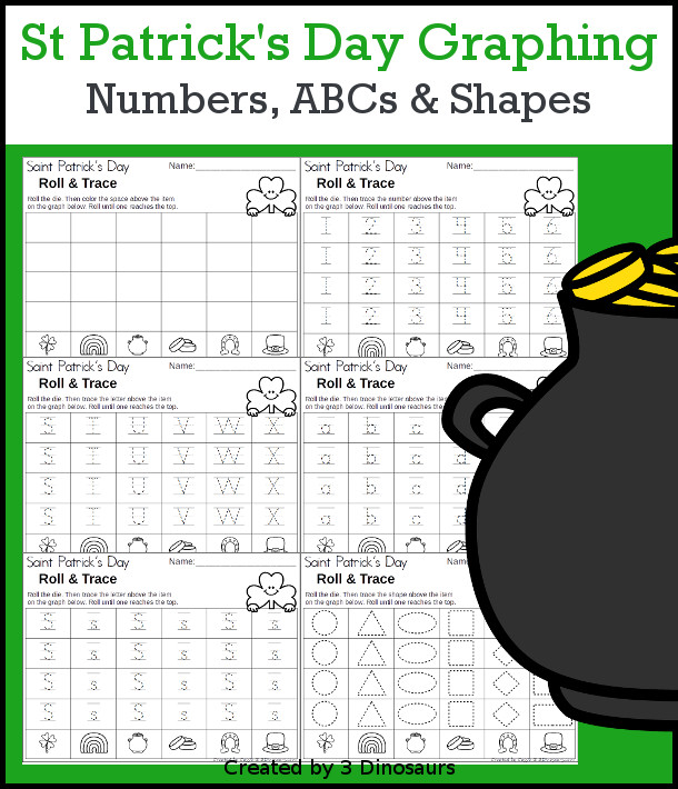 St. Patrick's Day Roll & Graph With Trace Letters, Numbers & Shapes with a folding die and cube die with a graphing sheet, graphing with tracing numbers, graphing with tracing letters and graphing with tracing shapes. All with a fun St. Patrick's Day Theme for prek and kindergarten - 3Dinosaurs.com