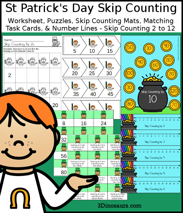 St Patrick’s Day Skip Counting Set - with worksheets, puzzles, skip counting mats, skip counting task cards, and skip counting number line bookmarks for 2 to 12  - 3Dinosaurs.com