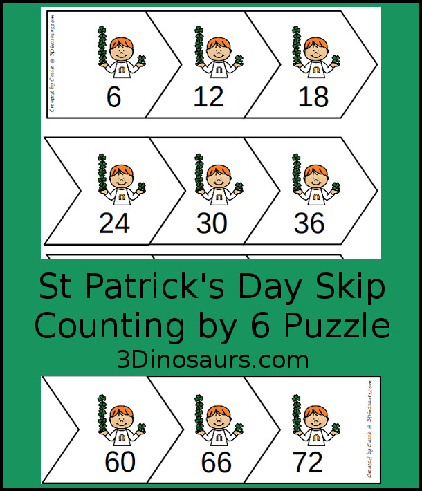 Free St. Patrick's Day Skip Counting By 6 Puzzle - 12 piece puzzle to make line a numbers skip counting by 12 with a visual of counting by 6 - 3Dinosaurs.com