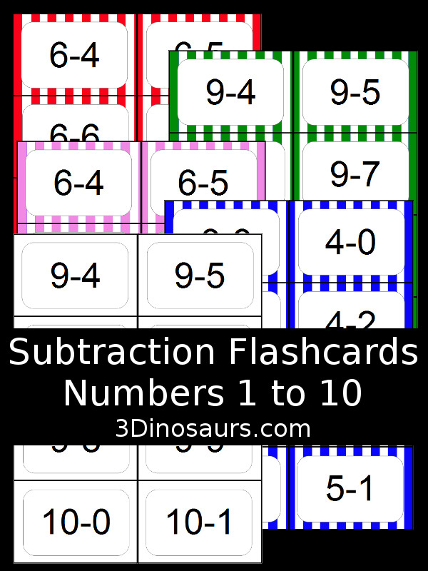 Free Subtraction Flash Cards - 5 colors options numbers 1 to 10 - with 5 colors of flash cards and 8 subtraction flashcards per page - 3Dinosaurs.com