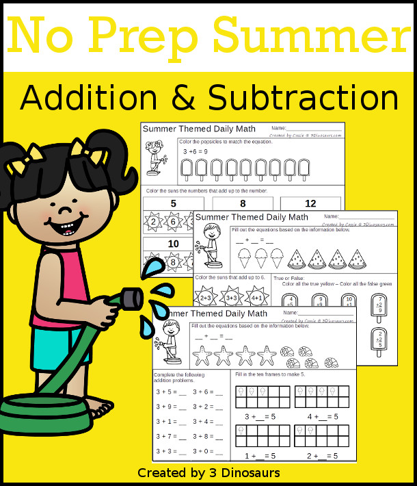 No Prep Summer Addition & Subtraction - 30 pages no-prep printables with a mix of addition and subtraction activities plus a math center activity - 3Dinosaurs.com #noprepmath #tpt #addition #subtraction