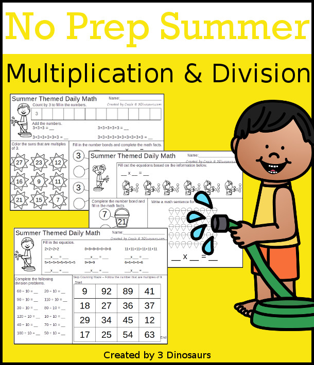 No Prep Summer Multiplication & Division  - 30 pages no-prep printables with a mix of multiplication and division  activities plus a math center activity - 3Dinosaurs.com #noprepmath #tpt #division #multiplication