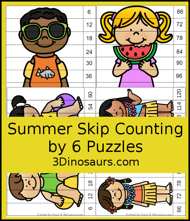 Free Summer Skip Counting by 6 Puzzles - 4 pages of puzzles with template - 3Dinosaurs.com