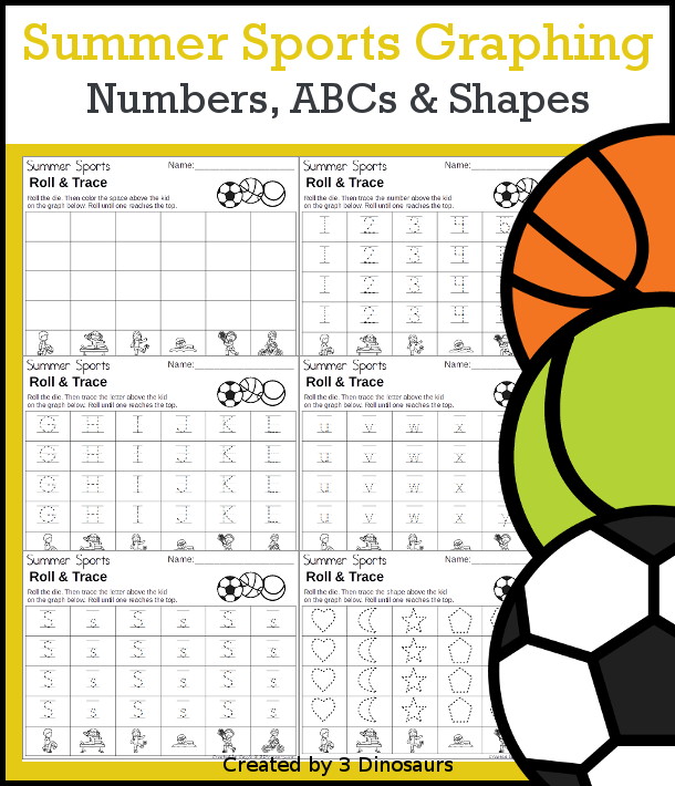 Summer Sports Roll & Graph With Trace Letters, Numbers & Shapes with a folding die and cube die with a graphing sheet, graphing with tracing numbers, graphing with tracing letters and graphing with tracing shapes. All with a fun summer sports theme  for prek and kindergarten - 3Dinosaurs.com