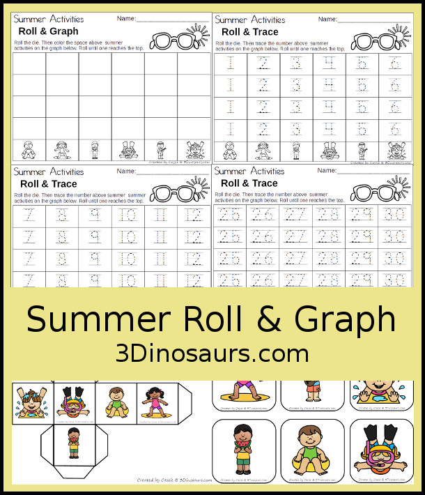 Free Summer Graphing - with graphing or tracing numbers 1 to 30 options - 3Dinosaurs.com #graphing #mathforkids #kindergarten #prek #freeprintable 