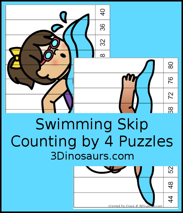 Free Swimming Skip Counting by 4 Puzzles - two puzzles with skip counting by with 4 to 40 and 44 to 80 - Each puzzle skip counts by 4 ten times. - 3Dinosaurs.com