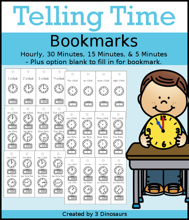 Telling Time Hourly Bookmarks Set   - with Hourly, Hourly & half Hour, Every 15 minute bookmarks, telling time every five minute bookmarks with filled in and blank set to fill out - 3Dinosaurs.com