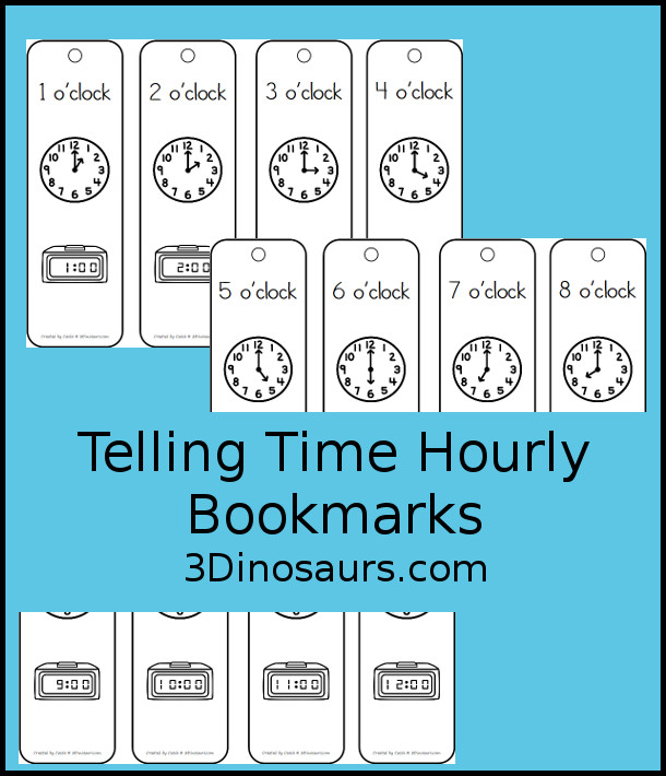 Free Hourly Telling Time Bookmarks - 12 bookmarks with hourly time shown three different ways - 3Dinosaurs.com