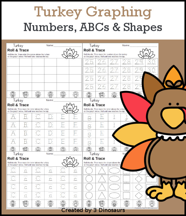 Turkey Roll & Graph With Trace Letters, Numbers & Shapes with a folding die and cube die with a graphing sheet, graphing with tracing numbers, graphing with tracing letters and graphing with tracing shapes. All with a fun turkey theme for Thanksgiving for prek and kindergarten - 3Dinosaurs.com