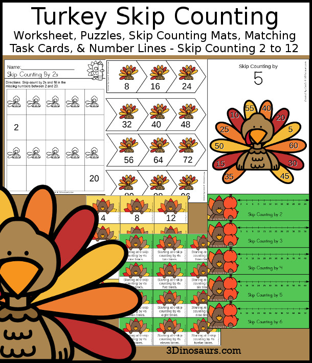 Turkey Skip Counting Activities - with no-prep packs, skip counting mats, skip counting 10 piece puzzles, and task cards to work on skip counting from 2 to 12 - 3Dinosaurs.com