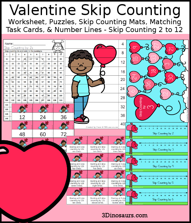 Valentine Skip Counting Set - with no-prep packs, skip counting mats, skip counting 10 piece puzzles, and task cards to work on skip counting from 2 to 12 - 3Dinosaurs.com