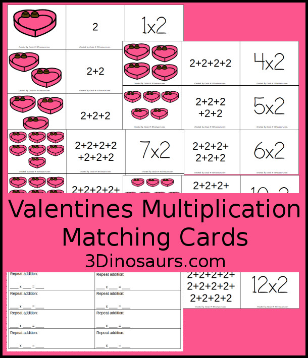 Free Valentines Multiplication Matching Cards with pictures, repeat addition and equations with a recording sheet - 3Dinosaurs.com