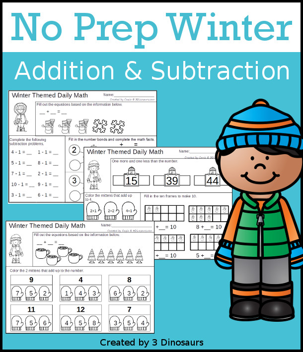 No Prep Winter Addition & Subtraction - 30 pages no-prep printables with a mix of addition and subtraction activities plus a math center activity - 3Dinosaurs.com #noprepmath #tpt #addition #subtraction