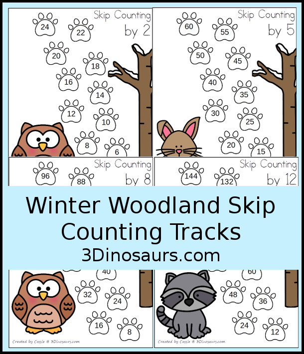 Free Winter Woodland Skip Counting Tracks - Work on skip counting from 1 to 12 with these 12 skip counting sheets - 3Dinosaurs.com