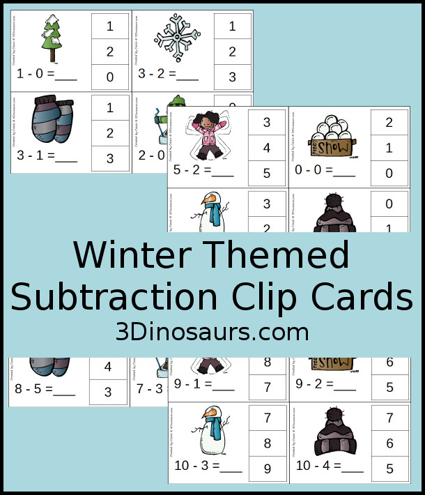 Free Easy to use Winter Themed Subtraction Clip Cards - 10 pages of clip cards with subtraction 0 through 10 - 3Dinosaurs.com