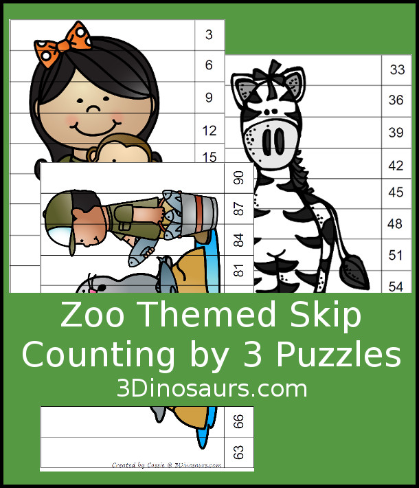 Free Zoo Skip Counting by 3 Puzzles - 3 pages of puzzles with template - 3Dinosaurs.com