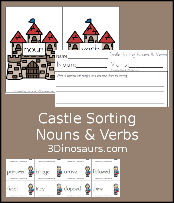 Free Castle Sorting Noun & Verbs with Knight at Dawn - 10 sorting cards for each with a matching mat plus a writing activity as well. - 3Dinosaurs.com