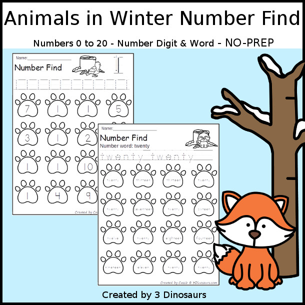 Animals in Winter Number Find - easy to use no-prep printable numbers 0 to 20 $ - 3Dinosaurs.com