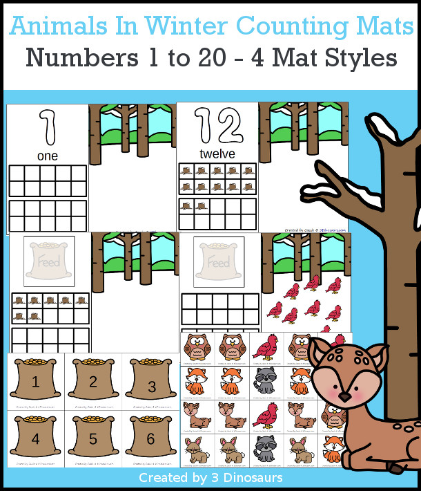 Animals In Winter Counting Mats: 1 to 20 - hands-on math with playdough number and ten frames with 4 mat options - 3Dinosaurs.com