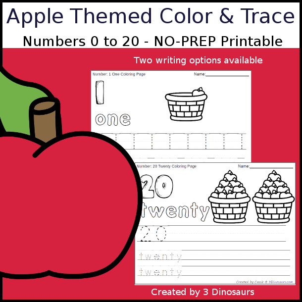 No-Prep Apple Themed Number Color and Trace - easy no-prep printables with a fun fall theme 44 pages with two options for the numbers tracing or writing $ - 3Dinosaurs.com