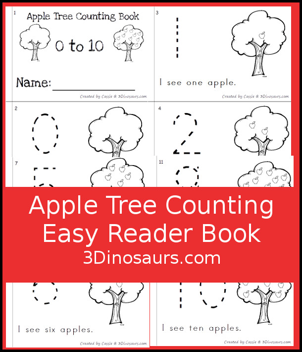 FREE Apple Tree Counting Easy Reader Book - has 6 pages with number 0 to 10 with an apple tree theme- 3Dinosaurs.com