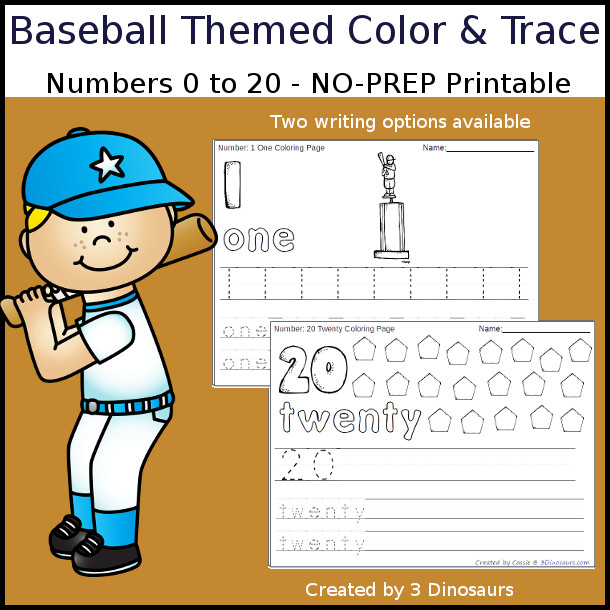 No-Prep Baseball Themed Number Color and Trace - easy no-prep printables with a fun baseball themed theme 44 pages with two options for the numbers tracing or writing $ - 3Dinosaurs.com #noprepprintable #baseballprintables #numbersforkids