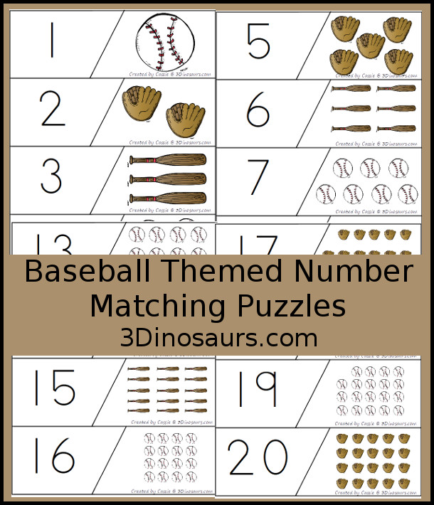 Free Hands-On Counting With Baseball Number Matching Puzzles - 2 piece puzzles with numbers 1 to 20 matching puzzles  - 3Dinosaurs.com