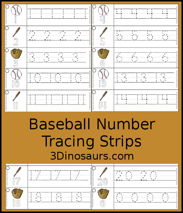 Free Baseball Number Tracing Strip Printables - with numbers 0 to 20. You can trace the numbers and an example of how to trace the numbers on the strips, plus a baseball, a bat or a glove on each tracing strip. - 3Dinosaurs.com