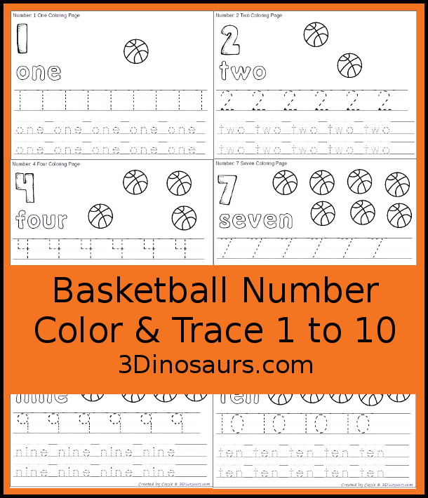 Free Basketball Number Color & Trace - Numbers o to 10 with counting the basketballs and tracing the number and number word for each number with 11 pages of printables for prek and kindergarten - 3Dinosaurs.com