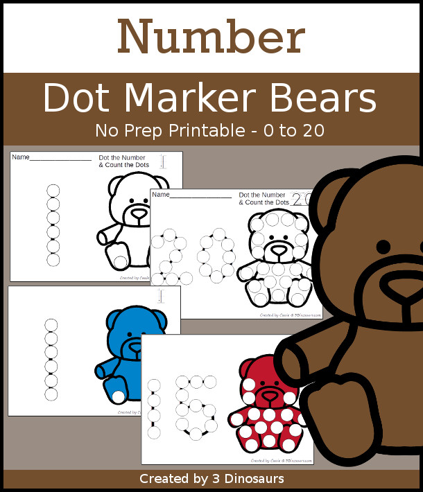 Bear Dot the Number & Count the Dots - numbers 0 to 20 with dot marker activities for kids to work on numbers and counting - 3Dinosaurs.com