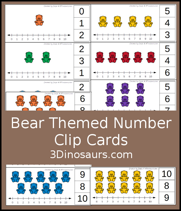 Free Bear Themed Number Clip Cards - with 10 clip cards that work on number 1 to 10 that includes a number line on each card - 3Dinosaurs.com