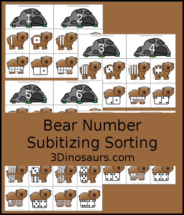 Free Bear Subitizing Number Sorting Printable with a cave with a number and matching bears to sort to the cave with tally marks, ten frames, dice, and dominos for matching - 3Dinosaurs.com