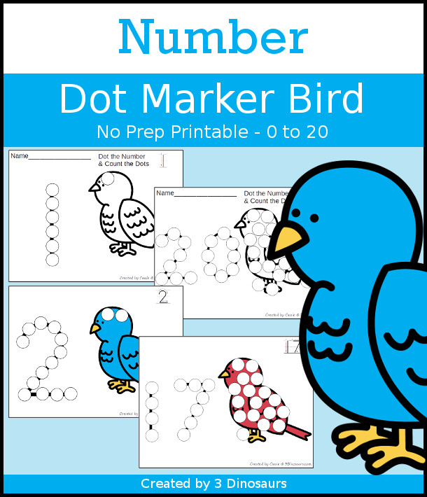 Bird Dot the Number & Counting:  - Numbers 1 to 20 - with dot the number and the count and dot the circles on the bird - 3Dinosaurs.com - 3Dinosaurs.com