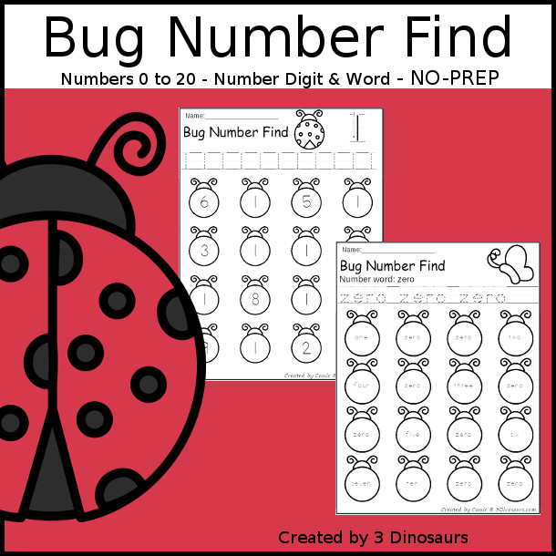 Bug Number Find - easy to use no-prep printable numbers 0 to 20 $ - 3Dinosaurs.com