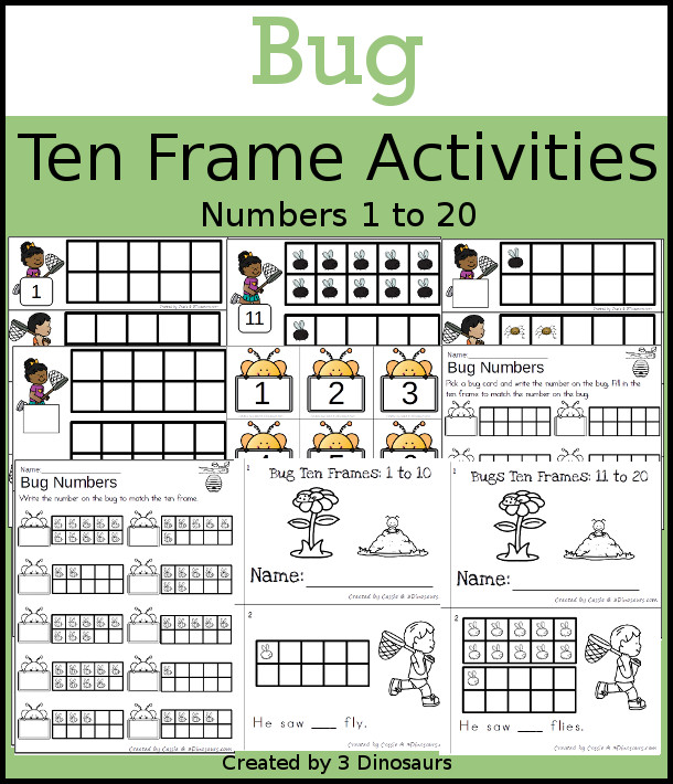 Bug Themed Ten Frame Set: 4 sets of number cards, hands-on and no prep printables, 2 easy reader books with numbers 1 to 20 $ - 3Dinosaurs.com