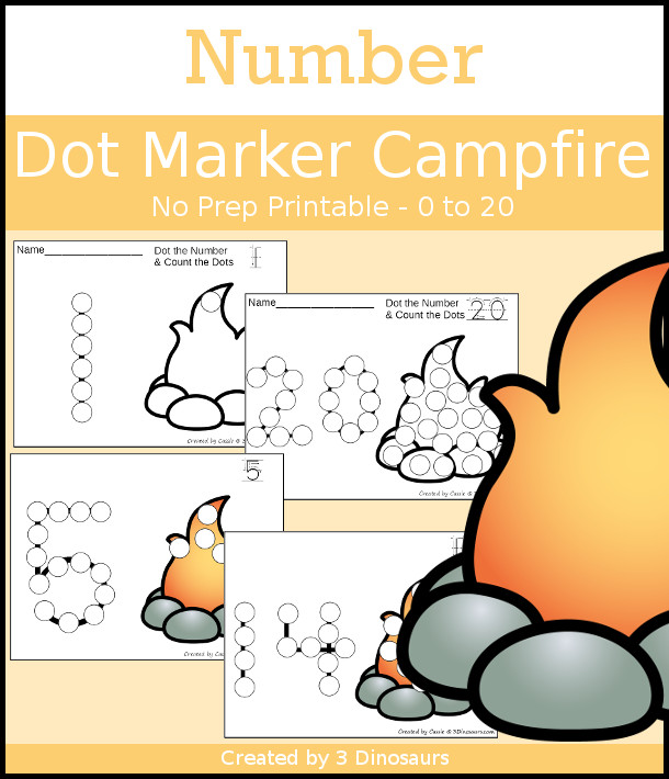 Campfire Dot the Number & Count the Dots - numbers 0 to 20 with dot marker activities for kids to work on numbers and counting - 3Dinosaurs.com