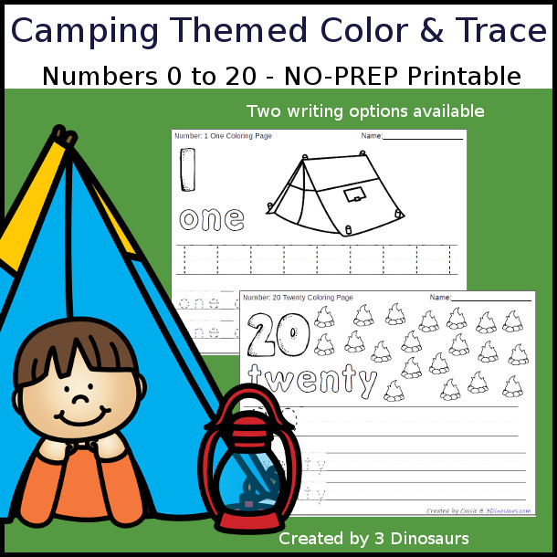 No-Prep Camping Themed Number Color and Trace - easy no-prep printables with a fun summer theme 44 pages with two options for the numbers tracing or writing $ - 3Dinosaurs.com #noprepprintable #summerprintables #numbersforkids