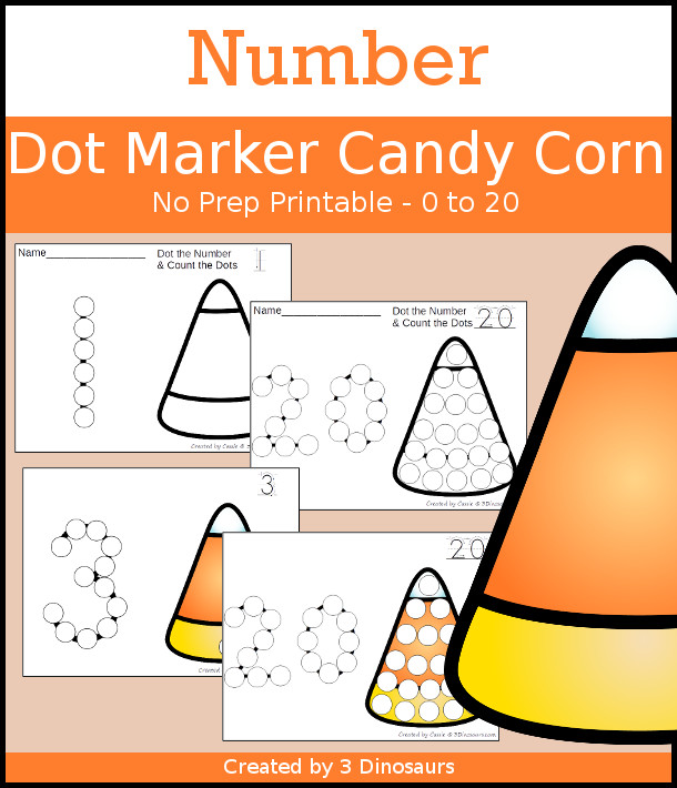Candy Corn Dot the Number & Count the Dots - numbers 0 to 20 with dot marker activities for kids to work on numbers and counting - 3Dinosaurs.com