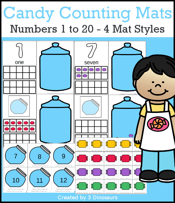 Candy Number Counting Mats Printable with ten frames, counting area and number area with 4 types of counting mats.- 3Dinosaurs.com