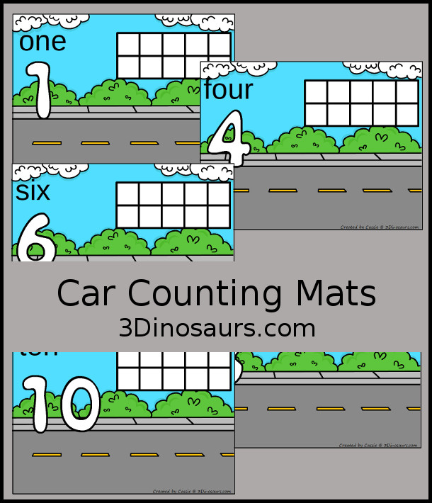 Free Car Counting Mats: 1 to 10 - hands-on math with playdough number and ten frames - 3Dinosaurs.com