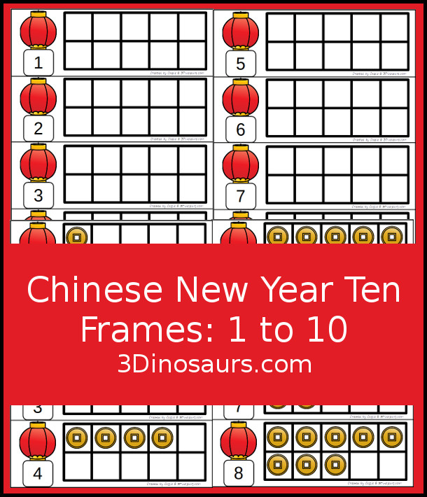 Free Chinese New Year Ten Frames Numbers 1 to 10 - with two sets of ten frames to work on counting from 1 to 10 with filled in ten frames to match the numbers and blank ten frames - 3Dinosaurs.com