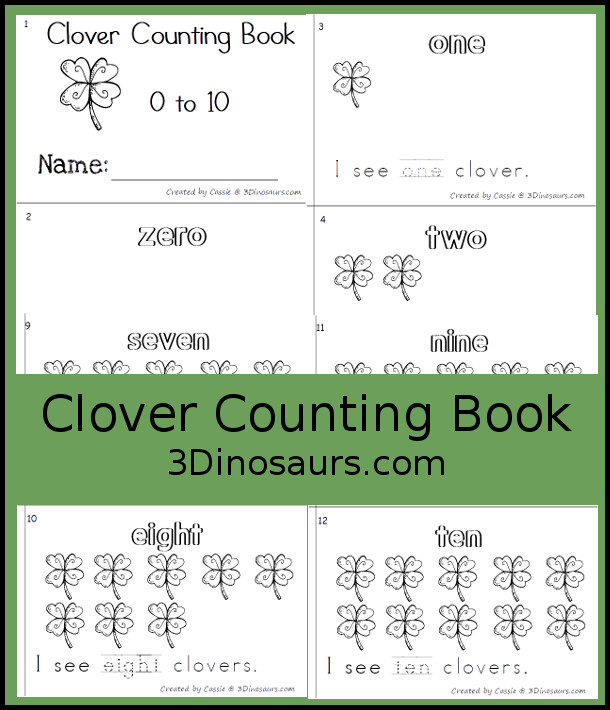 Free Clover Number Word Counting Book Printable - with numbers from - to 10 for tracing, coloring and counting clovers - 3Dinosaurs.com