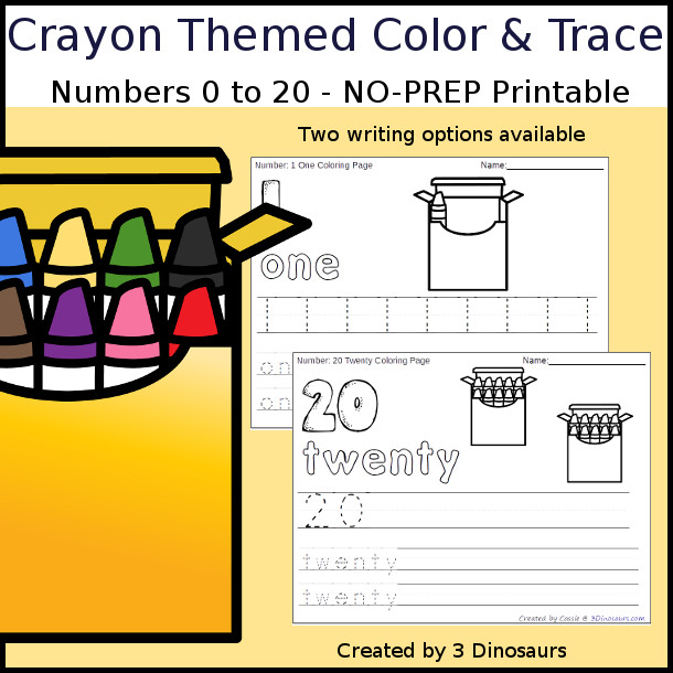 No-Prep Crayon Themed Number Color and Trace - easy no-prep printables with a fun crayon box and crayons theme 44 pages with two options for the numbers tracing or writing $ - 3Dinosaurs.com #noprepprintable #schoolprintables #numbersforkids