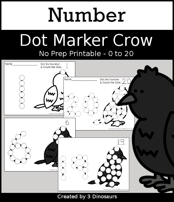 Crow Dot the Number & Count the Dots - numbers 0 to 20 with dot marker activities for kids to work on numbers and counting - 3Dinosaurs.com