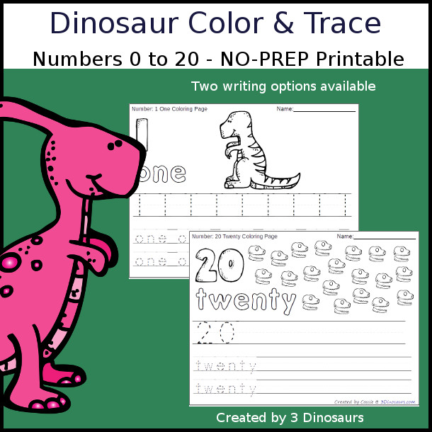 No-Prep Dinosaur Themed Number Color and Trace - easy no-prep printables with a fun dinosaur themed theme 44 pages with two options for the numbers tracing or writing $ - 3Dinosaurs.com #noprepprintable #dinosaurprintables #numbersforkids