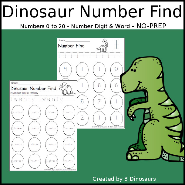 Dinosaur Number Find - easy to use no-prep printable numbers 0 to 20 $ - 3Dinosaurs.com