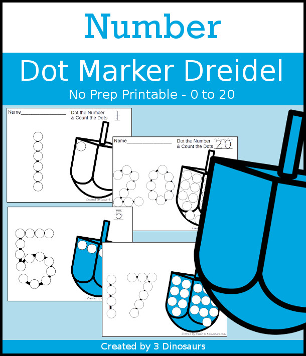 Dreidel Dot the Number & Count the Dots - numbers 0 to 20 with dot marker activities for kids to work on numbers and counting - 3Dinosaurs.com